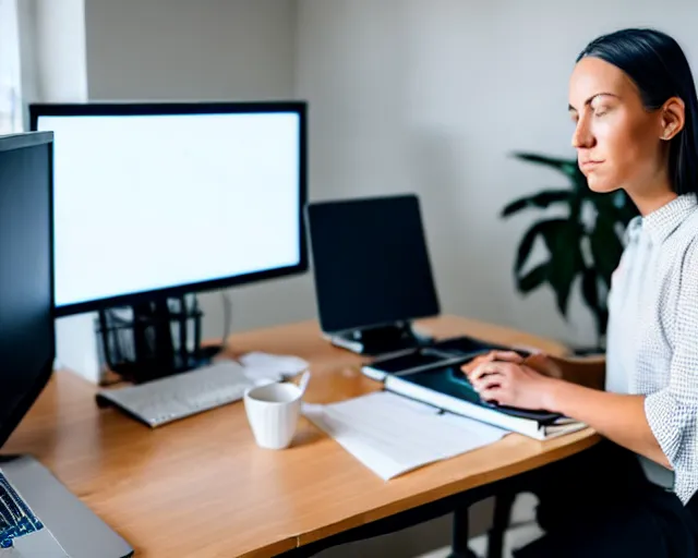 Image similar to wide shot of social media manager sitting at her desk