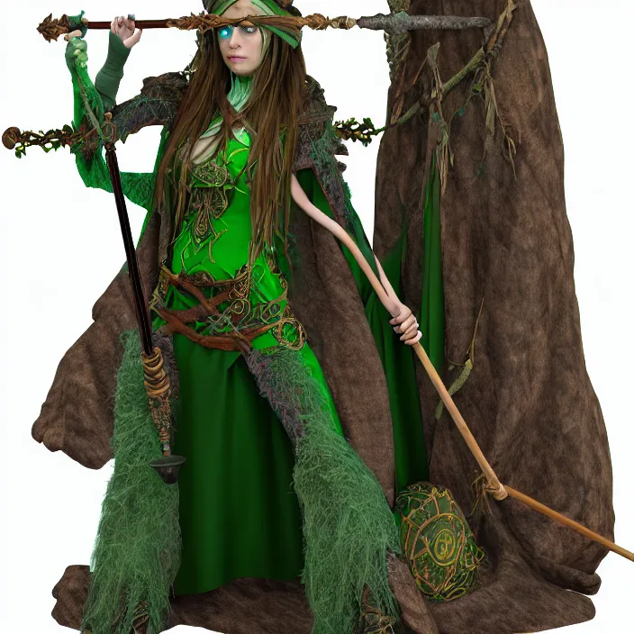 Prompt: photograph of a real-life beautiful elemental earth witch with ornate green and brown robes and staff. Extremely detailed. 8k