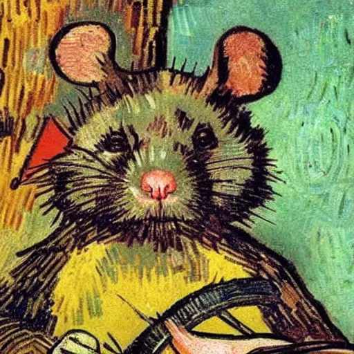 Prompt: mouse holding a drum, sitting in the forrest, medieval portrait, by van gogh, close up
