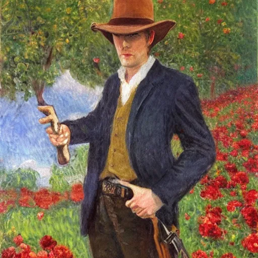 Prompt: an impressionist painting of a tall man with blue eyes and brown hair that is wearing a wide brim leather hat and a leather vest. He is holding a revolver in his left hand and a red rose is in his right hand. He is standing in a field of roses.