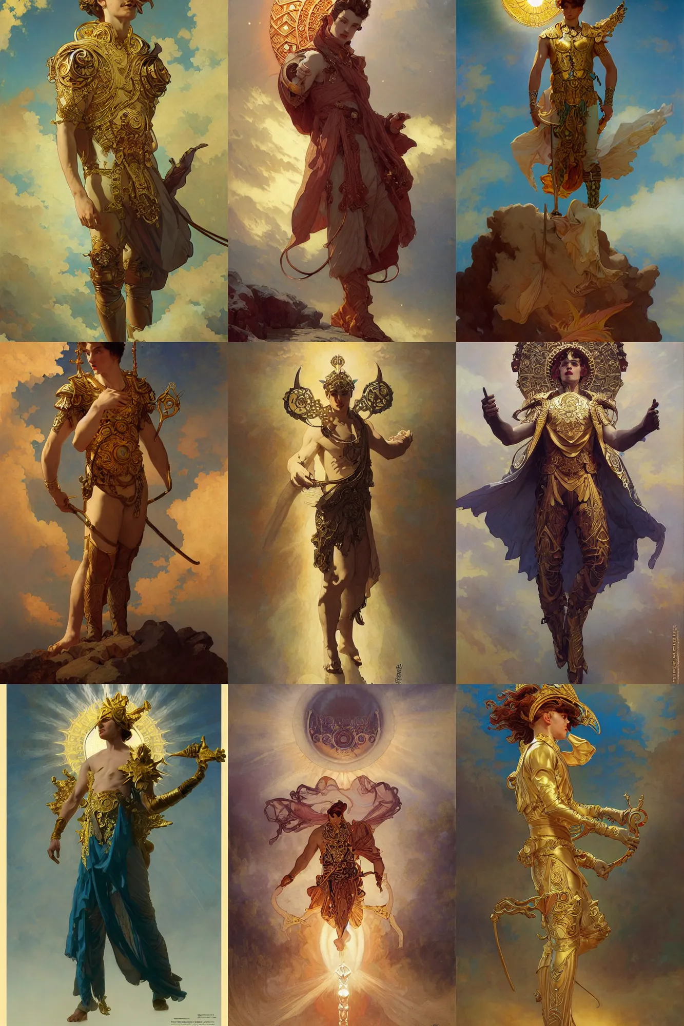 Prompt: young male god of the sun, art nouveau outfit, fantasy, art by joseph leyendecker, peter mohrbacher, ivan aivazovsky, ruan jia, reza afshar, marc simonetti, alphonse mucha