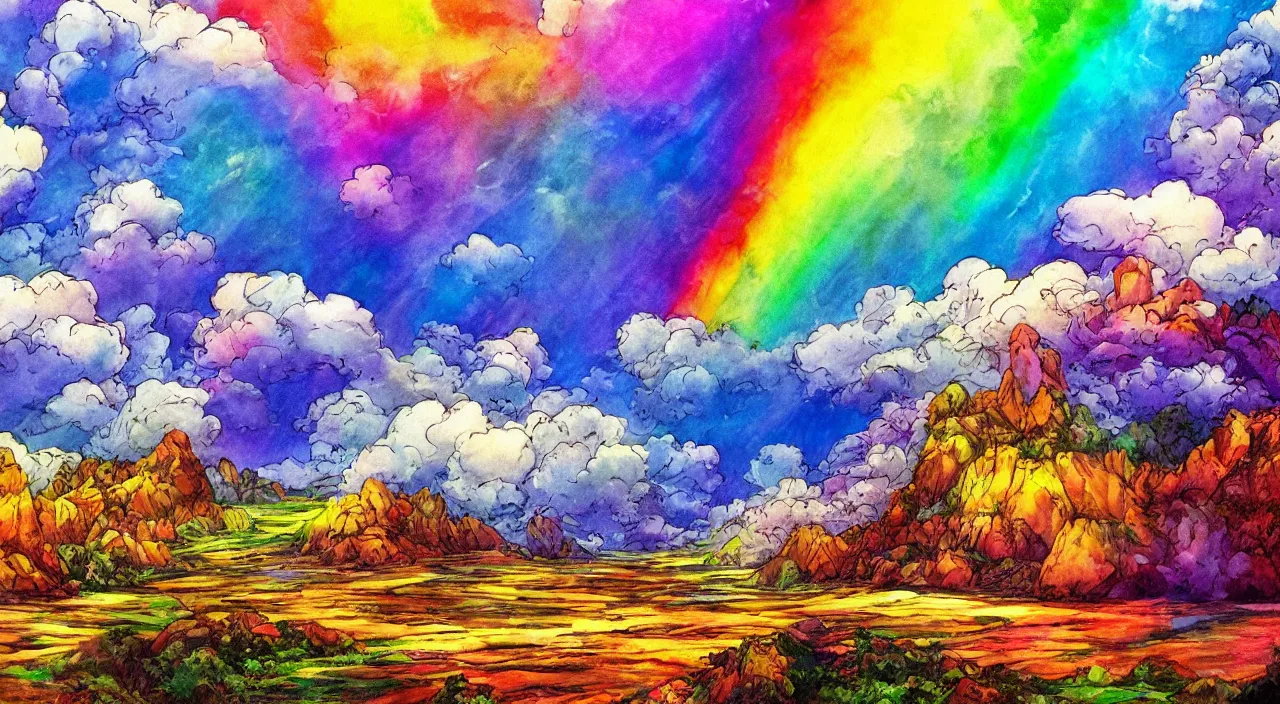 Prompt: A beautiful landscape with wavelike clouds, rainbow flowing clouds, vivid landscape, award-winning anime style, wallpaper, relaxing, bright, Watercolor expressionist, comic book style, manga style