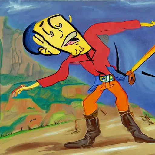 Prompt: a colorful painting of Lucky Luke killing the Daltons with his pistol