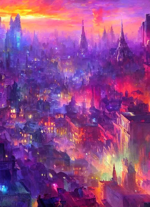 Image similar to ethereal starlit city of magic lost in time at sunset, art station, fauvism, matte painting, johan grenier, hd, digital painting