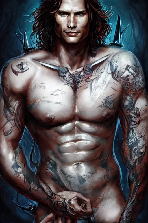 Prompt: romance book illustration style, front portrait of attractive sam winchester as an ann rice vampire, clothes torn apart, muscular chest tattooed with runes and symbols, d & d!, fantasy style, sharp focus!, ultra detailed, art by artgerm and peter andrew jones, wlop