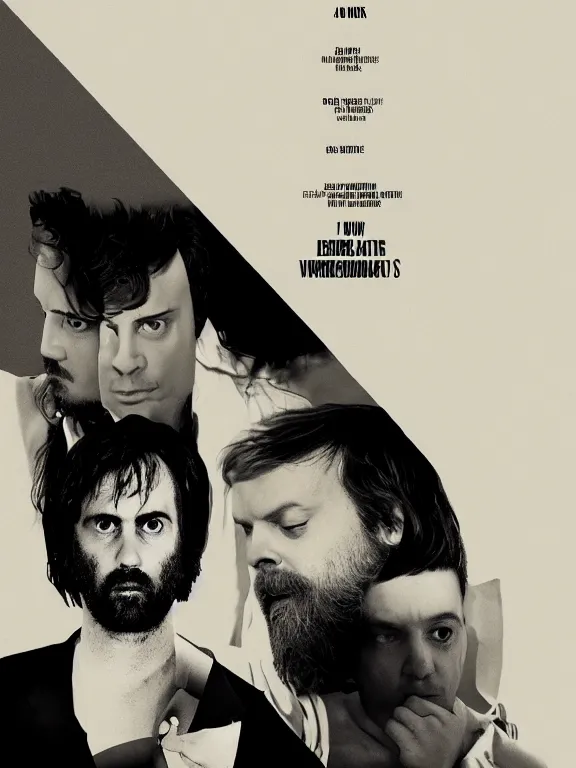 Image similar to Poster for a Yorgos Lanthimos movie featuring two black and white uncomfortable man, minimalism, beige background, realistic, 4k, in the style of Vasilis Marmatakis