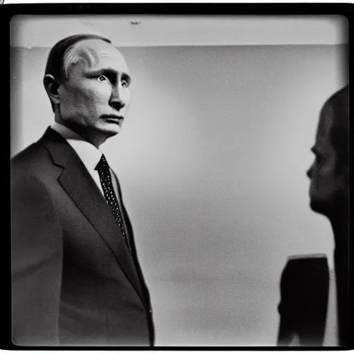 Prompt: Vladimir putin looking at an atomic bomb. polaroid. bleak.