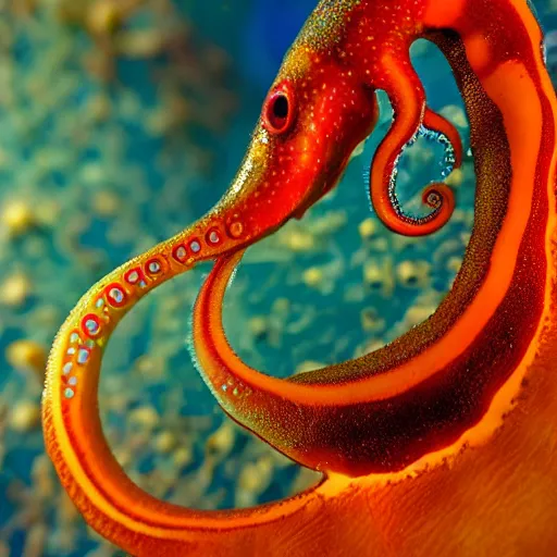 Image similar to fiery whimsical emotional eyes cephalopod, in a photorealistic macro photograph with shallow dof, in the deepest seas of the unconscious psyche