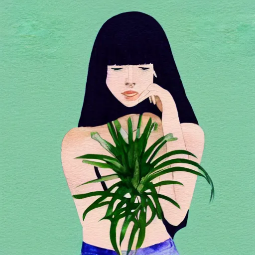 Image similar to a room full of beautiful house plants and a pretty woman with pale skin, long black hair with bangs, wearing shorts and t shirt, abstract, golden light, beautiful watercolor art trending on artstation