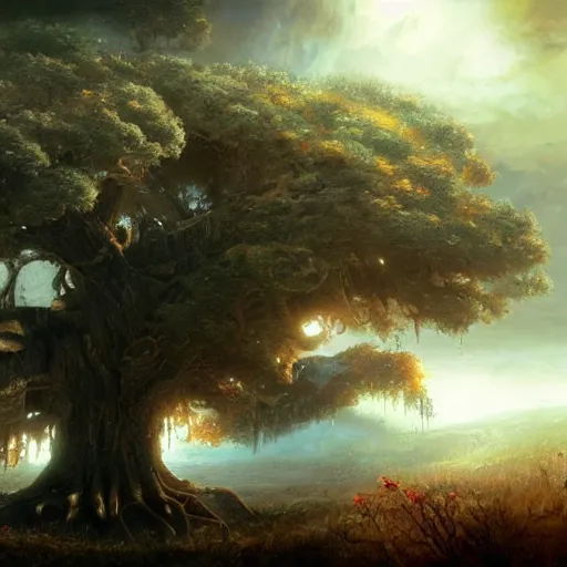 Image similar to Tree of life, epic scene, paint by Raymond Swanland