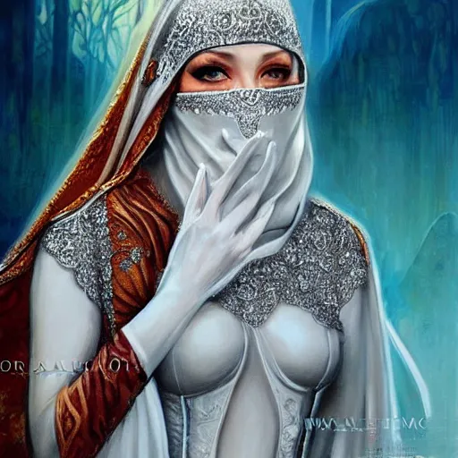 Prompt: a beautiful woman wearing a white niqab made of silver with jewelry and diamonds by alex gray and android jones, karol bak, ayami kojima, arabian, concept art, fantasy