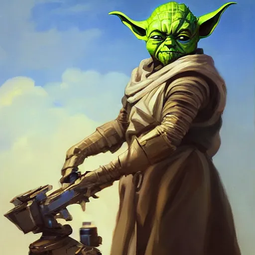 Image similar to greg manchess portrait painting of armored yoda as overwatch character, medium shot, asymmetrical, profile picture, organic painting, sunny day, matte painting, bold shapes, hard edges, street art, trending on artstation, by huang guangjian and gil elvgren and sachin teng