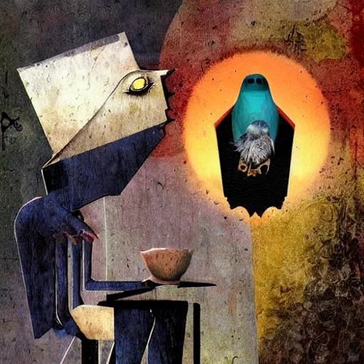 Prompt: a naive woman with a memory that survives the reset of the world, and a small robot bird on her shoulder, collage artwork by dave mckean and esao andrews