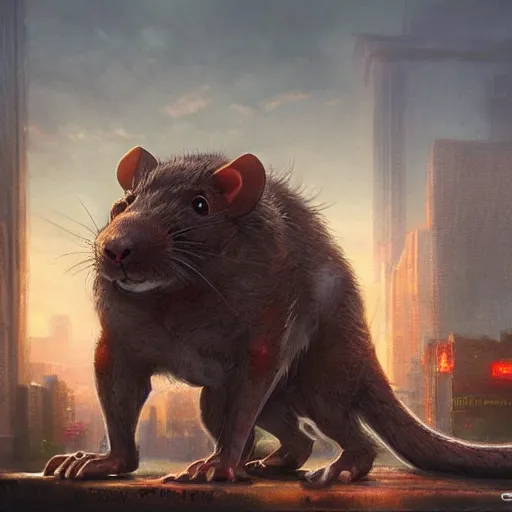 Prompt: Colossal Rat in a city, trending on artstation, ultra detailed, 8k, character illustration by Greg Rutkowski, Thomas Kinkade.