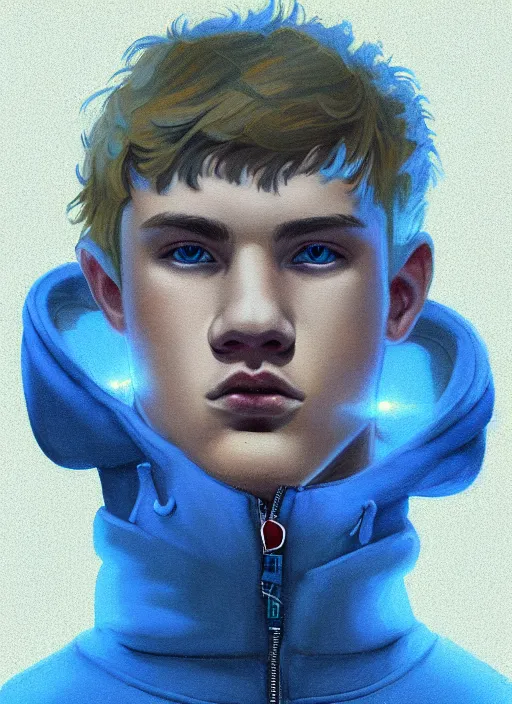 Image similar to portrait of high school senior boy named big moose, blonde short hair, jock, beefy, wide face, square jaw, square facial structure, blue varsity jacket with letter r, intricate, elegant, glowing lights, highly detailed, digital painting, artstation, concept art, sharp focus, illustration, art by wlop, mars ravelo and greg rutkowski