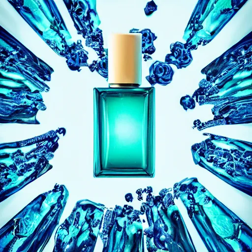 Image similar to centered bright perfume bottle standing in clear blue rippling water surrounded by a plethora of mint leaves and roses, with white crisp zen mountain background, illumination lighting, sharp focus, surreal photography, vogue, hartper's bazaar, sephora,