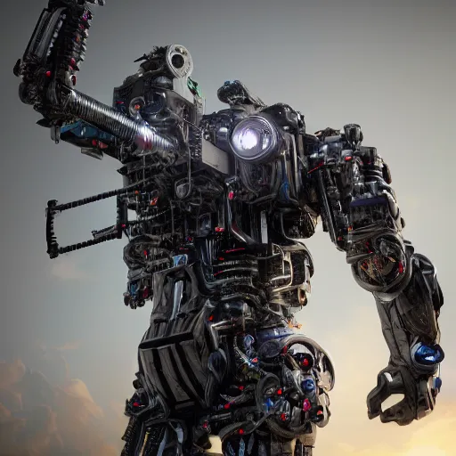 Prompt: Full lenght view contamporary art photography of ultra mega super hyper realistic warmachine by Hiromasa Ogura . Photo on Leica Q2 Camera, Rendered in VRAY and DaVinci Resolve and MAXWELL and LUMION 3D, Volumetric natural light. Wearing cyberpunk suit with many details by Hiromasa Ogura .Rendered in VRAY and DaVinci Resolve and MAXWELL and LUMION 3D, Volumetric natural light