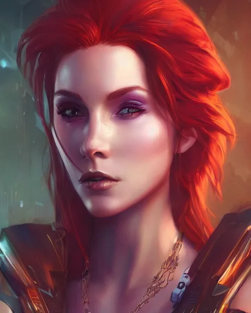 Prompt: a stunning portrait of triss merigold as a cyberpunk princess, digital art by artgerm and ross tran and angel ganev, highly detailed, trending on artstationhq