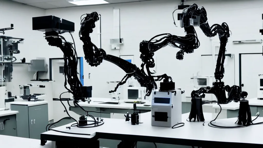 Image similar to a complex bifurcated robotic cnc surgical arm hybrid mri 3 d printer machine making black and white ceramic mutant forms in the laboratory inspection room, film still from the movie directed by denis villeneuve with art direction by salvador dali, wide lens