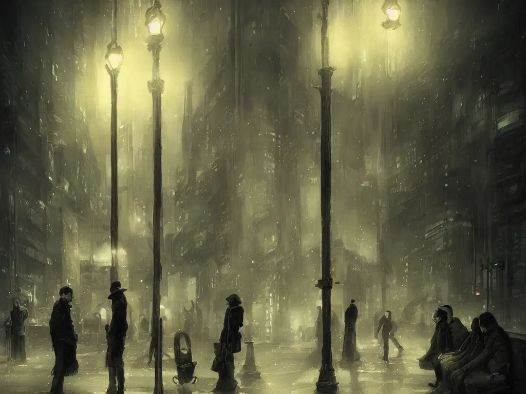 Image similar to few people waiting in a bus stop in dark city night, high quality, detailed, high resolution, in the style of bastien deharme