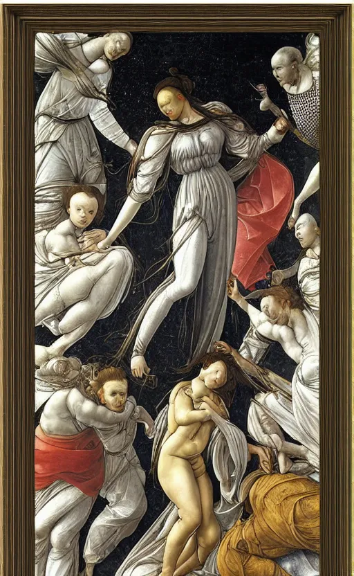 Prompt: blank canvas with an ornamental sci fi frame, beautiful metallic frame, goldn details, in the style of sandro botticelli, caravaggio, albrecth durer