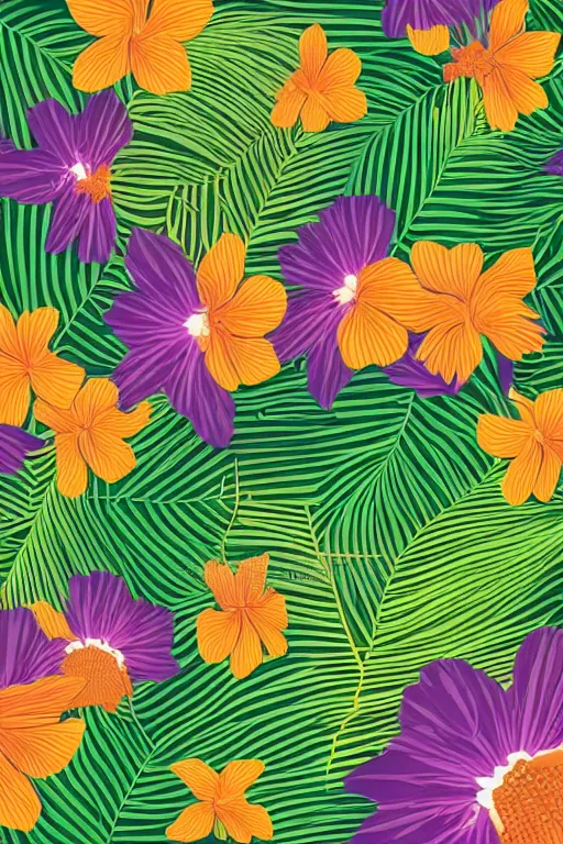 Image similar to moody Intricate detailed vector illustration of tropical flowers and green reeds, multiple cohesive colors ranging from warms purples to bright oranges on a ((very dark background)), 4K resolution