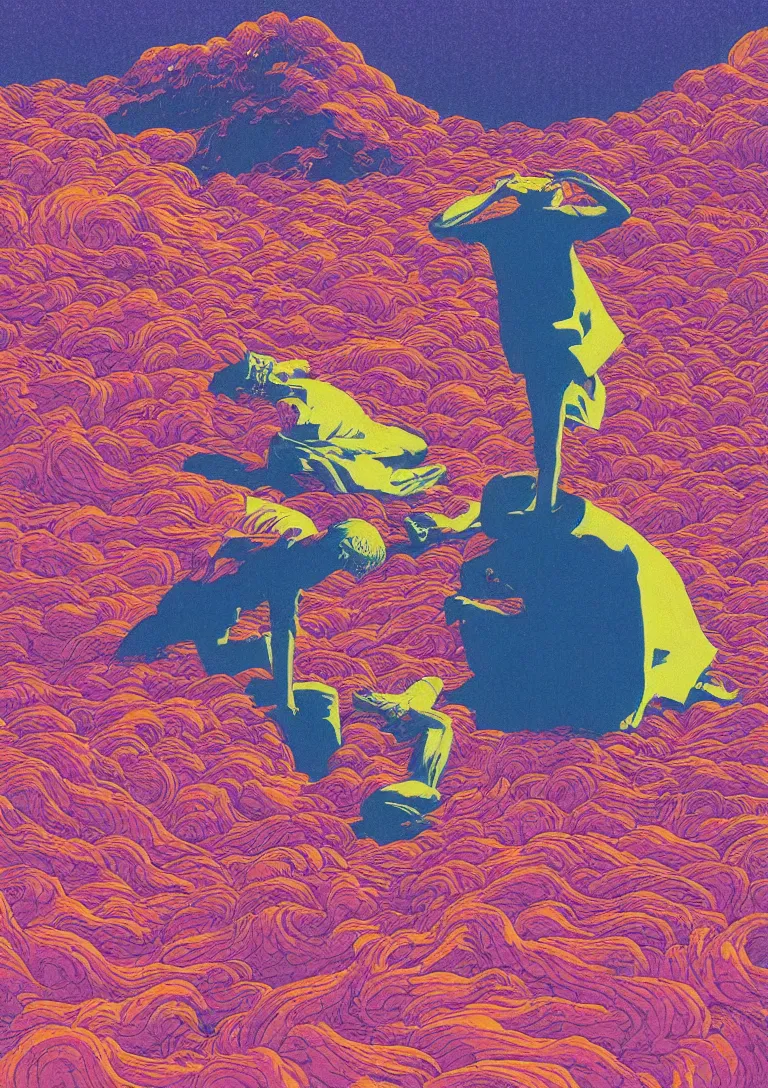 Prompt: a portrait style screenprint of a man eating a paper blotter tab of LSD acid and melting into a psychedelic landscape, risograph by kawase hasui, moebius, Edward Hopper and James Gilleard, Zdzislaw Beksinski, Steven Outram colorful flat surreal design, hd, 8k, artstation