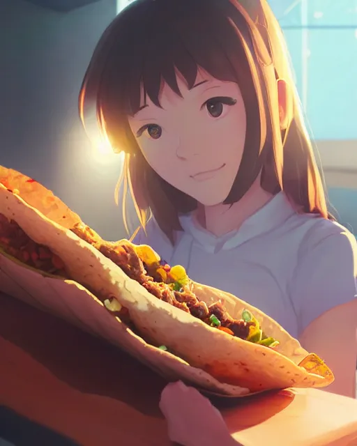 Image similar to a girl eating a huge taco, full shot, atmospheric lighting, detailed face, by makoto shinkai, stanley artgerm lau, wlop, rossdraws