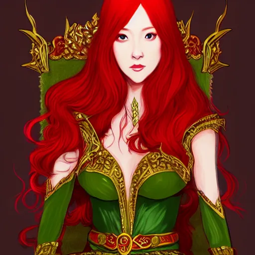 Prompt: Portrait of a red-haired beautiful elven queen in red, gold and green dress sitting on a throne. In style of Hyung-tae Kim, concept art, trending on ArtStation, Korean MMORPG.