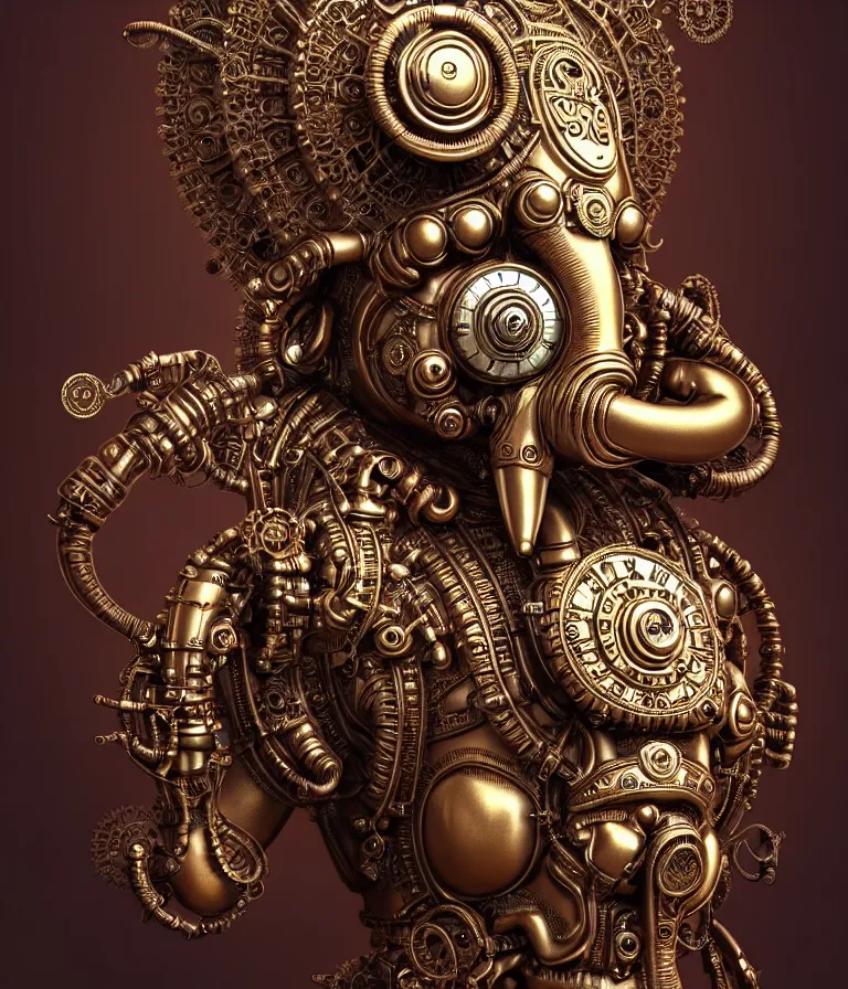 Image similar to steampunk cybernetic biomechanical indian god ganesha, front facing, symmetric, 3 d model, very coherent symmetrical artwork, unreal engine realistic render, 8 k, micro detail, intricate, elegant, highly detailed, centered, digital painting, artstation, smooth, sharp focus, illustration, artgerm, tomasz alen kopera, wlop