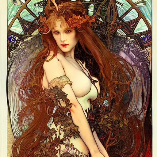 Prompt: realistic detailed face portrait of the Demon Lilith by Alphonse Mucha, Ayami Kojima, Amano, Karol Bak, Greg Hildebrandt, and Mark Brooks, Art Nouveau, Neo-Gothic, gothic, rich deep colors