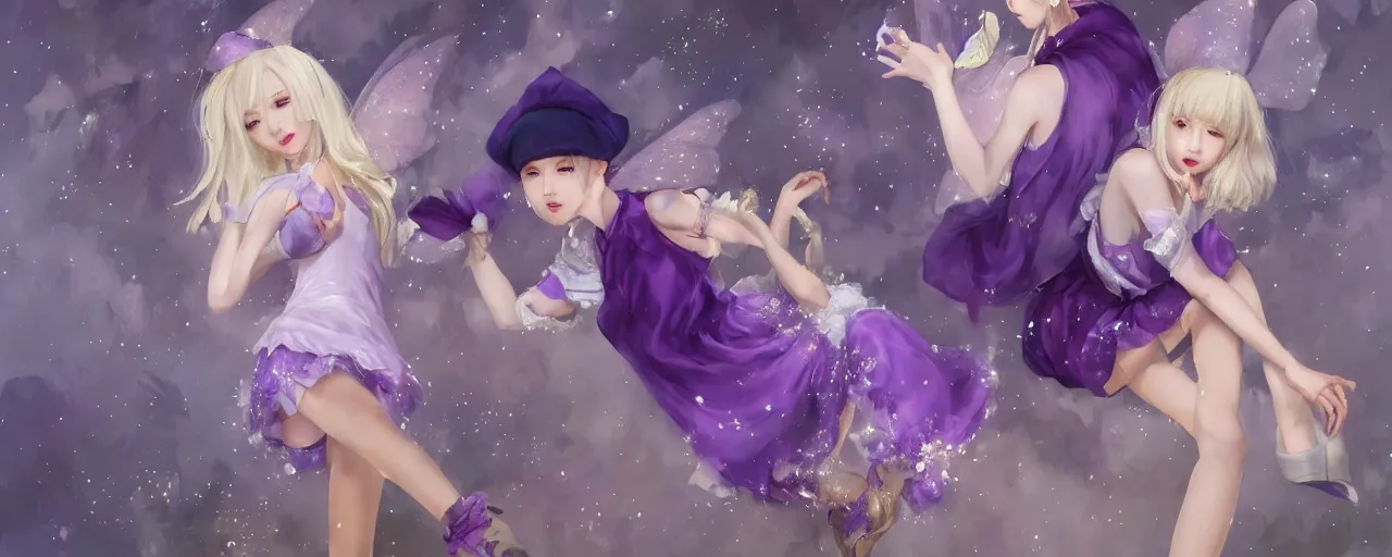 Image similar to Full View of a mysterious kpop fairy maidens with short blond hair wearing an oversized purple Beret, Baggy Purple overall shorts, Short Puffy pants made of silk, silk shoes, a big billowy scarf, Golden Ribbons, white leggings Covered in stars. Short Hair. peasant magic. masterpiece 4k digital illustration by Ruan Jia and Mandy Jurgens and Artgerm and william-adolphe bouguereau, award winning, Artstation, art nouveau aesthetic, Alphonse Mucha background, intricate details, realistic, panoramic view, Hyperdetailed, 8k resolution, intricate art nouveau, smooth, sharp focus