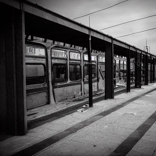 Image similar to dark city bus stop, urbex photography, very detailed,ArtStation