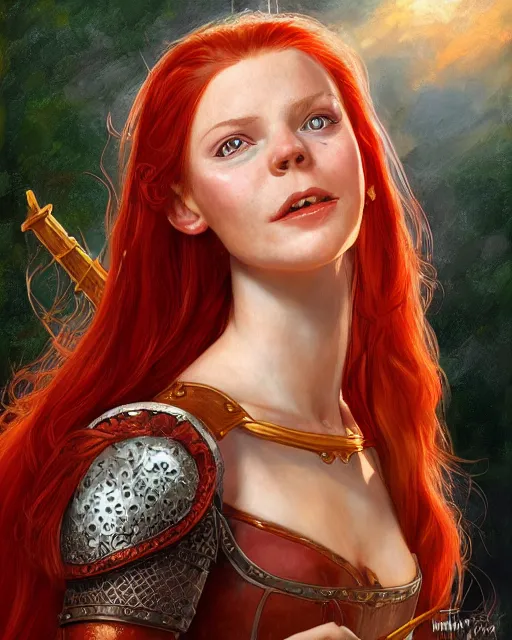 Image similar to fantasy portrait of a happy young women looking with red hair and freckles, slight smile, renaissance colorful dress, leather armor, music instrument in hand, backlit, digital painting by Michael Whelan and and boris vallejo, dnd illustration, trending on Artstation, sfw