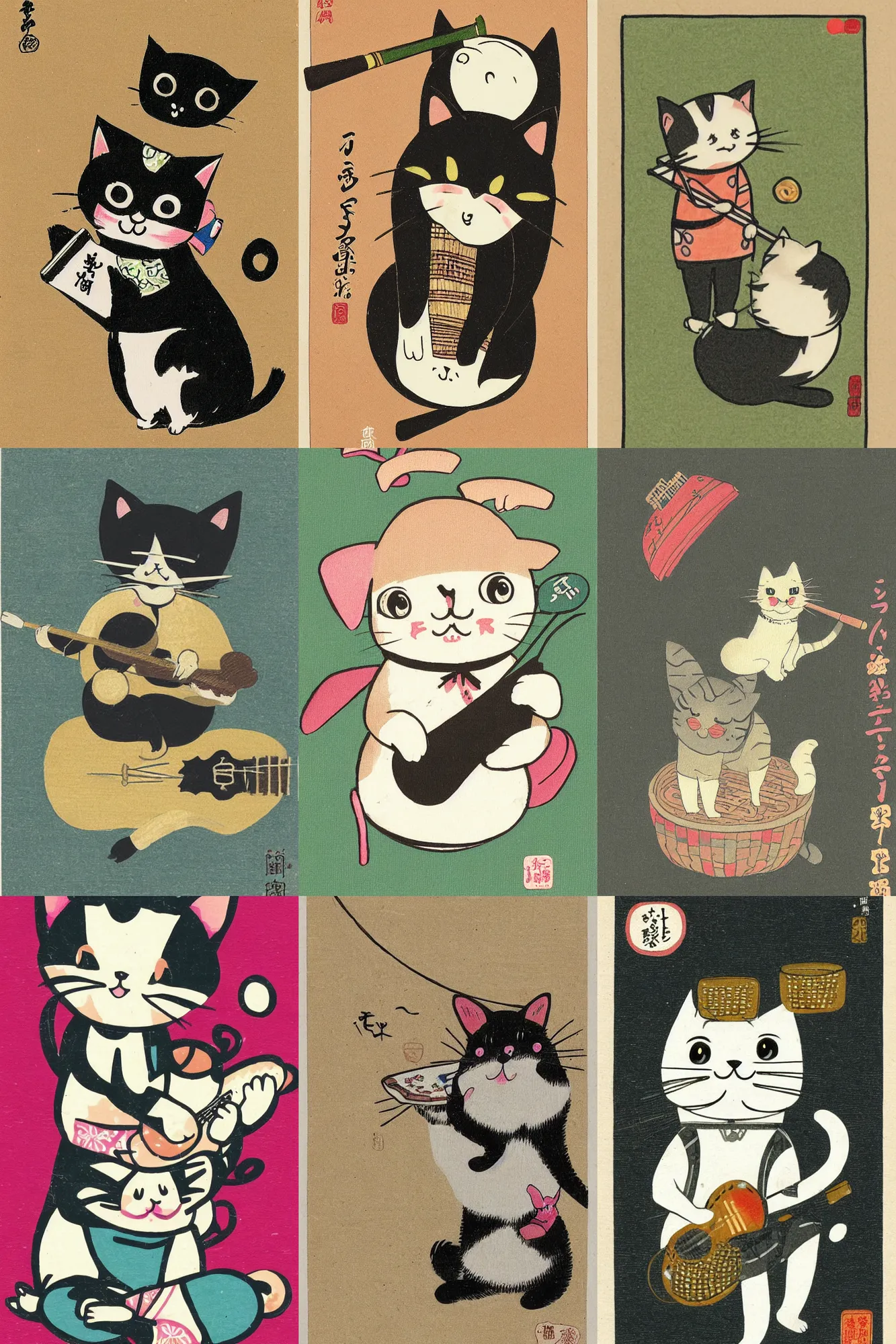 Prompt: Kawaii illustration of a cat playing gutair, japanese chibi