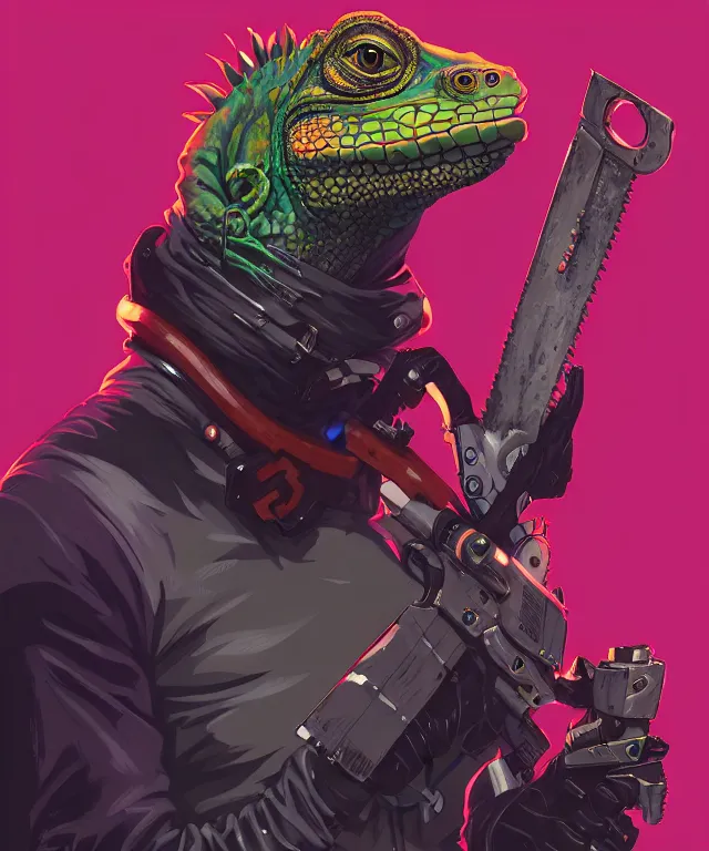 Prompt: a portrait of an anthropomorphic iguana holding a chainsaw, cyberpunk!, fantasy, elegant, digital painting, artstation, concept art, matte, sharp focus, illustration, art by josan gonzalez