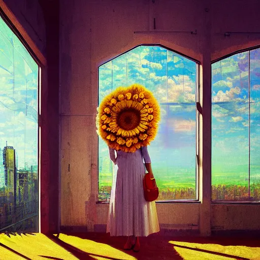 Prompt: large daisy flower head, woman standing next to modern window in luxury loft, surreal photography, sunlight, impressionist painting, digital painting, artstation, simon stalenhag