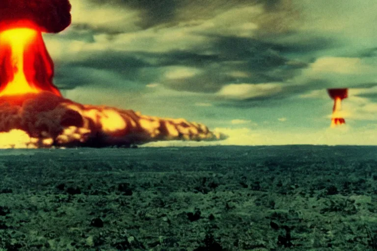 Image similar to nuclear explosion, mushroom cloud in the distance, shockwave rips across the land, cinematic