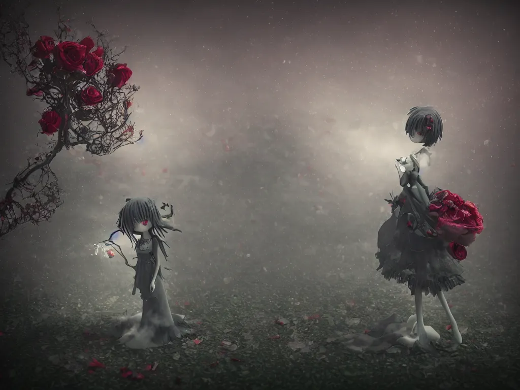 Image similar to cute fumo plush of a gothic maiden girl clutching lots of decayed roses, stale twilight, swirling vortices of emissive smoke and volumetric fog over the river, bokeh, vignette, vray