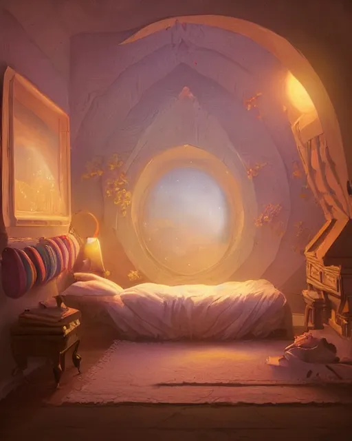 Image similar to beautiful painting of a elven bedroom, art by mike winkelmann, golden hour, illustration, highly detailed, simple, smooth and clean vector curves, no jagged lines, vector art, smooth, artstation