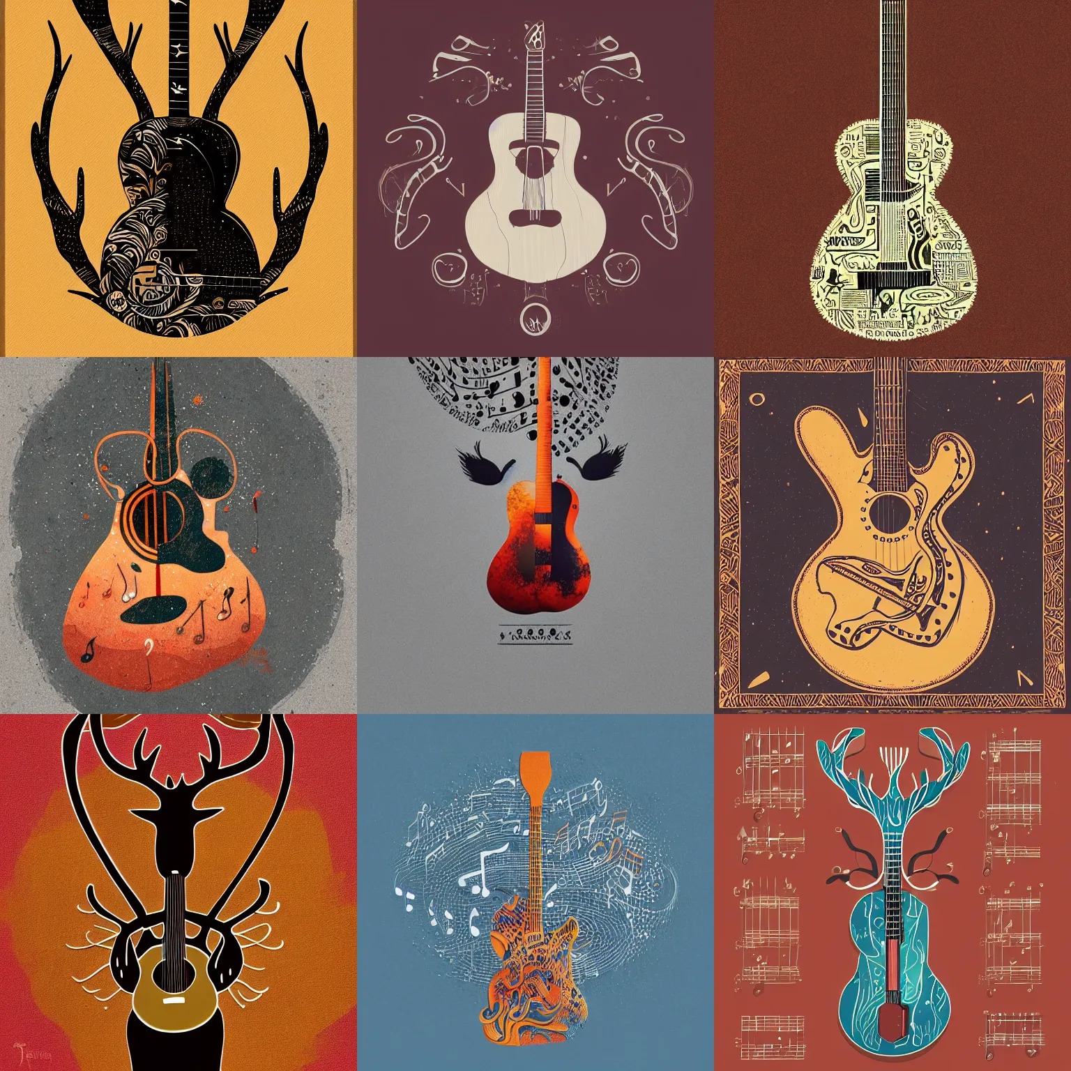 Image similar to , guitar in the shape of a deer, romantic, warm, musical notes, detailed, realistic, in the style of petros afshar