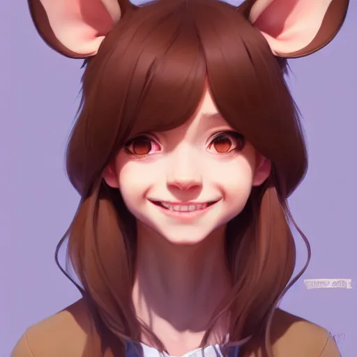 Prompt: character design portrait of an anthropomorphic furry rat girl with rat ears, long brown hair, smiling softly, looking at camera, 4 k, concept art, by wlop, ilya kuvshinov, artgerm, krenz cushart, pixiv.