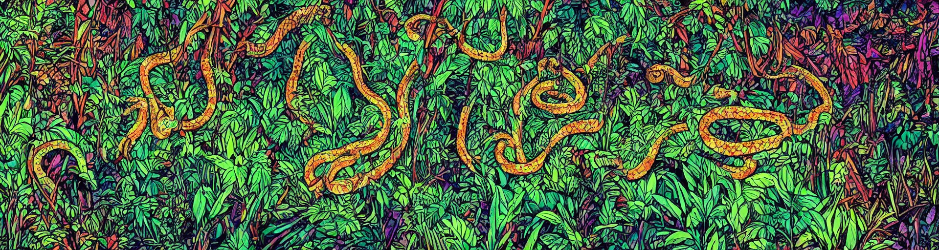 Image similar to a snake in the jungle seen through the psychedelics effects from ayahuasca