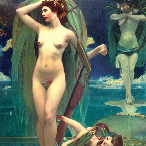 Image similar to Demon Girl at the palace, refracted sparkles, thunderstorm, greek pool, beach and Tropical vegetation on the background major arcana sky, by paul delaroche, alphonse mucha and arnold böcklin, hyperrealistic 8k, award-winning, very very very detailed