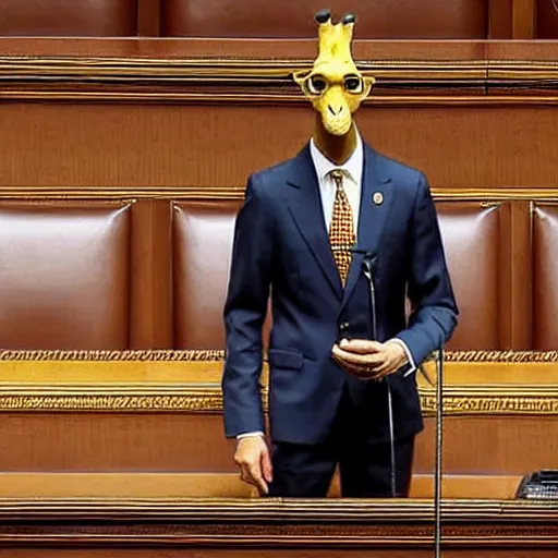 Image similar to a giraffe with a tie and pants on the spanish congressional stage