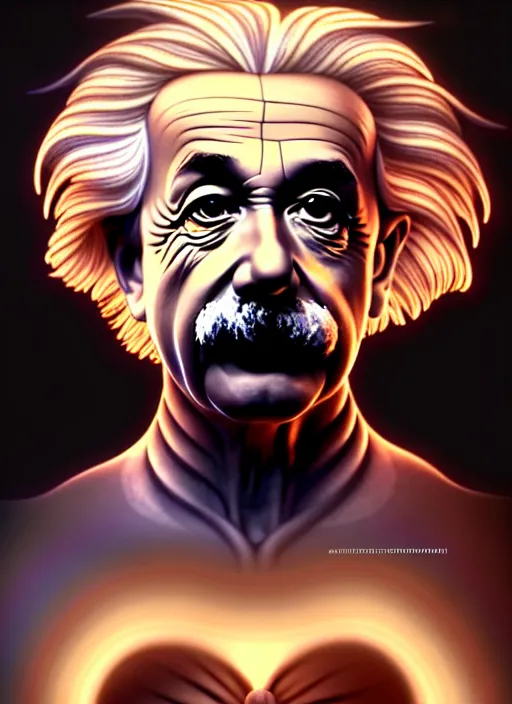 Image similar to symmetry!! portrait of albert einstein, cottagecore!! fitness body, glowing lights!! intricate, elegant, highly detailed, digital painting, artstation, concept art, smooth, sharp focus, illustration, art by artgerm and greg rutkowski and alphonse mucha