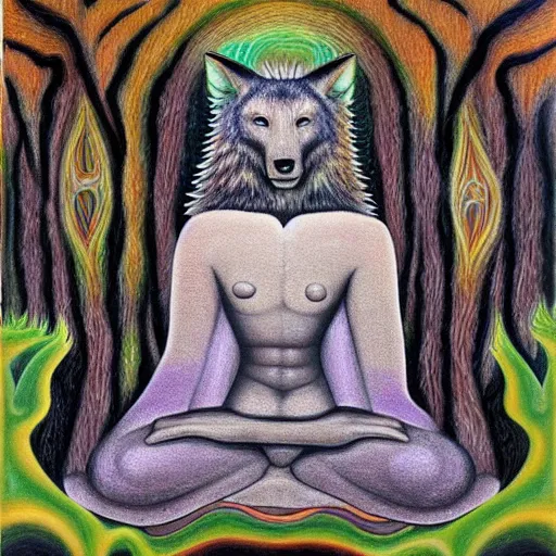 Prompt: an anthromorphic wolf man meditating in a zen garden with a waterfall, by amanda sage in a psychedelic style, oil on canvas