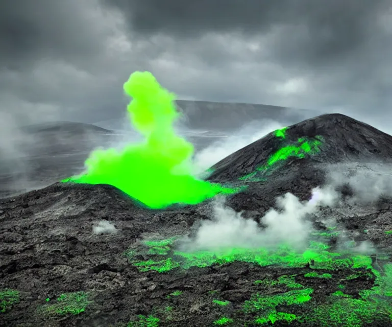 Image similar to a metallic volcano, post - apocalyptic world, green lava, steam, fog, grey skies