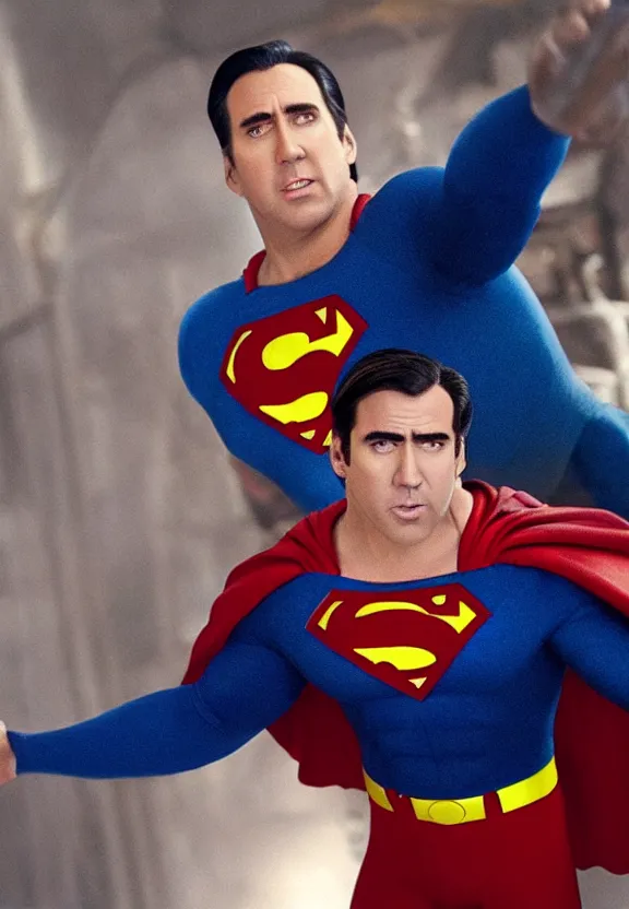 Prompt: Film still of Nicolas Cage as Superman