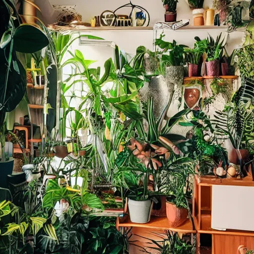 Prompt: a bohemian room with a lot of plants and neon lights, highly detailed, photorealistic